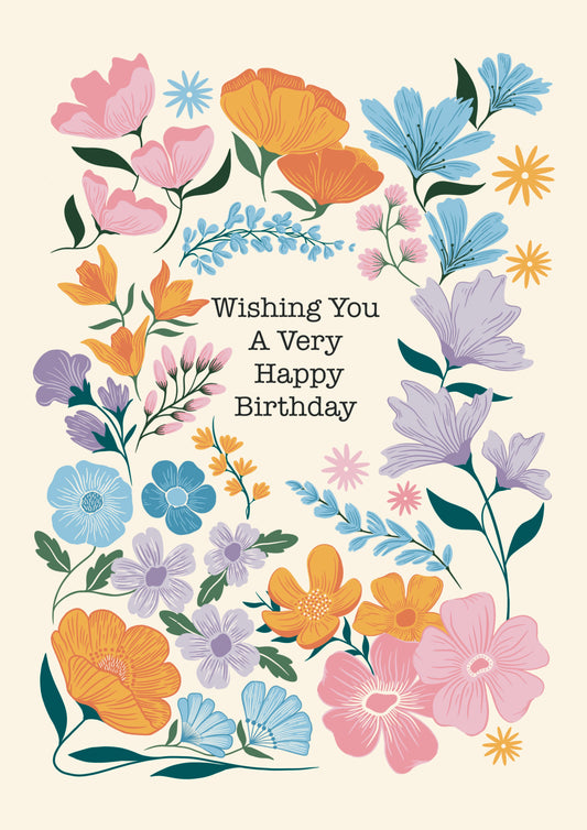 Retro Floral Happy Birthday Card
